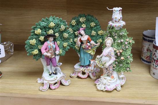 A pair of Samson porcelain bocage figures, and a Samson bocage candlestick figure, latter 28cm